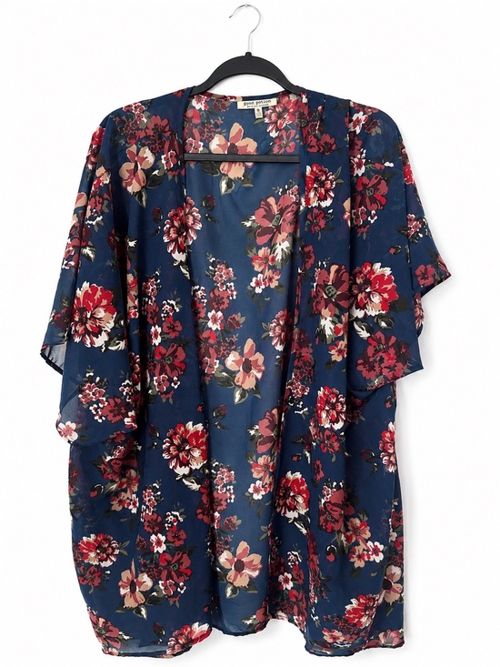 Speed Control Sweaters - Speed Control Navy Red Floral Kimono Cardigan Plus Boho Open Front‎ Duster 1X